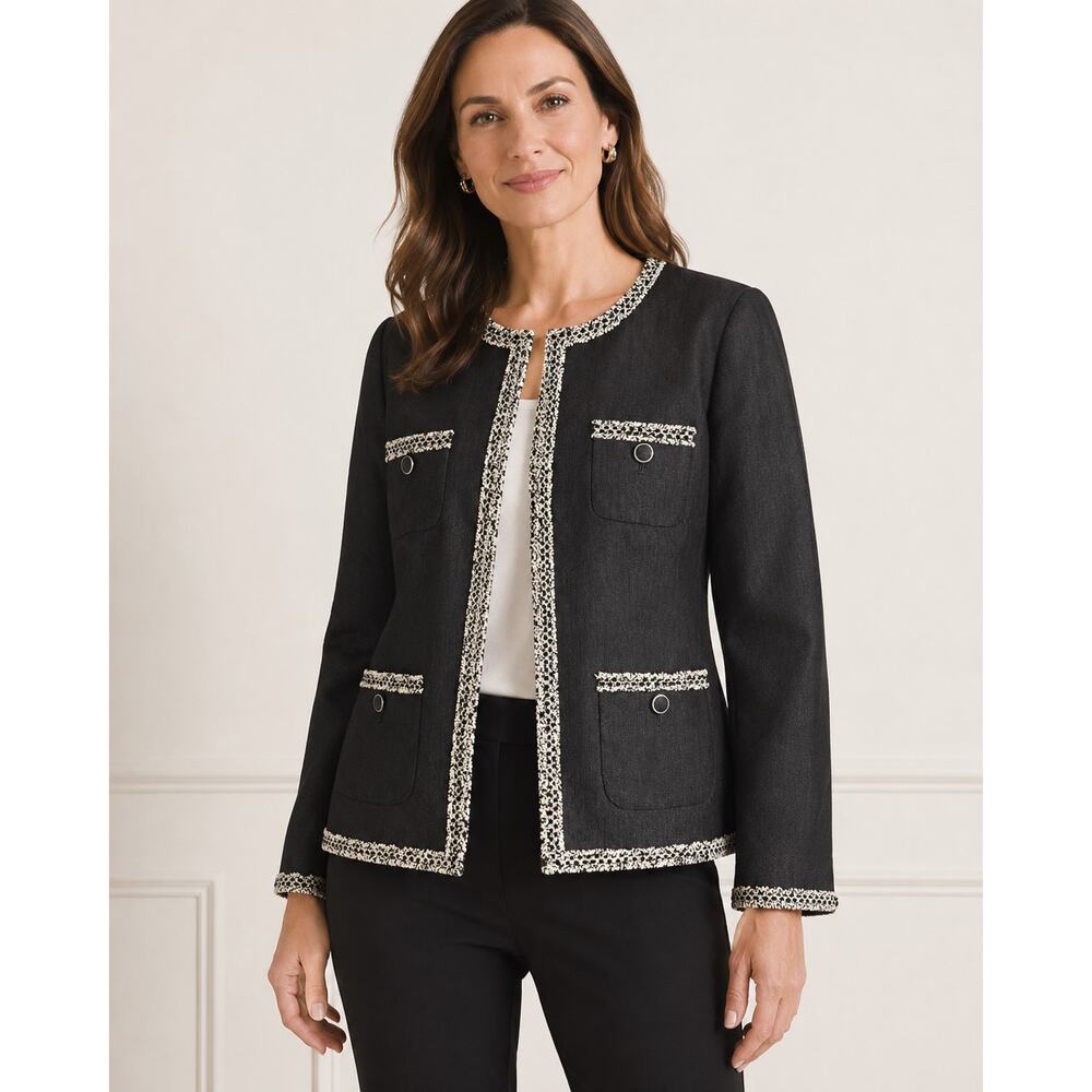 Talbots Women’s Size 10 Tweed Trim Open Front Jacket Black‎ Ivory
